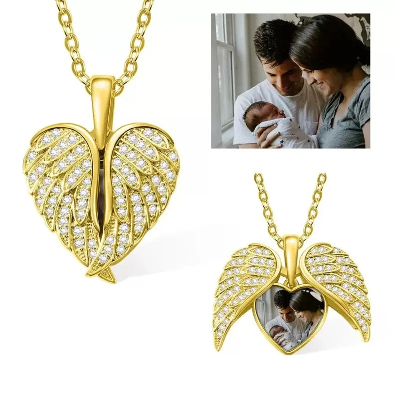 Personalized Heart Angel Wing Photo Locket Necklace