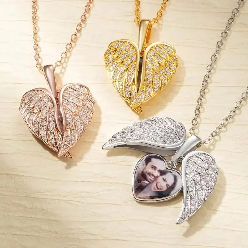 Personalized Heart Angel Wing Photo Locket Necklace