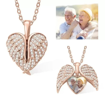 Personalized Heart Angel Wing Photo Locket Necklace